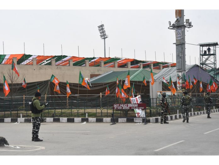 Security tightened outside Bakshi Stadium a day before PM Narendra Modi’s visit in Srinagar. - Excelsior/Shakeel