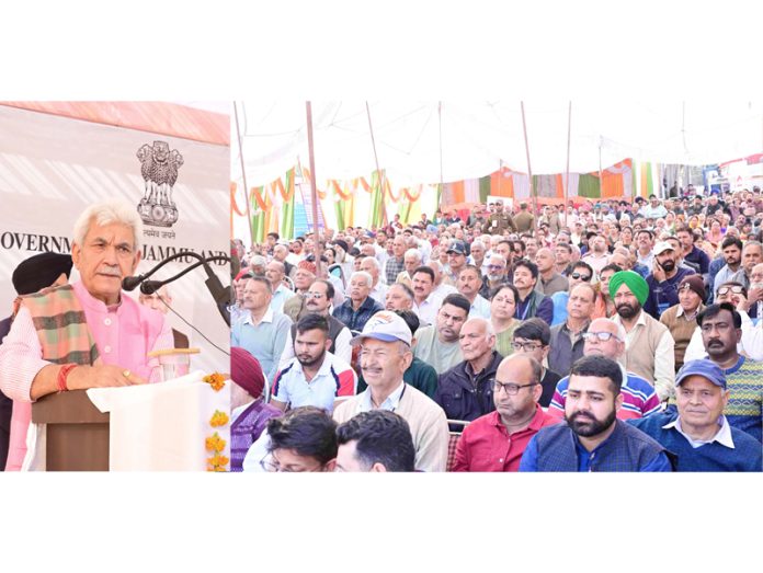 LG Manoj Sinha addressing displaced persons at Suketar, Jammu on Tuesday.