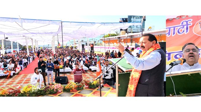 Union Minister Dr Jitendra Singh and BJP national general secretary Tarun Chugh addressing a party rally at Udhampur on Friday. —Excelsior/K Kumar