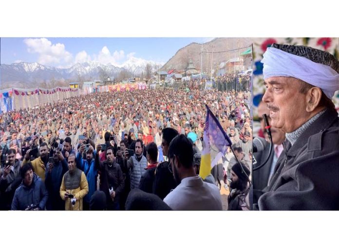 DPAP chairman Ghulam Nabi Azad addressing a large public meeting in Anantnag on Monday.