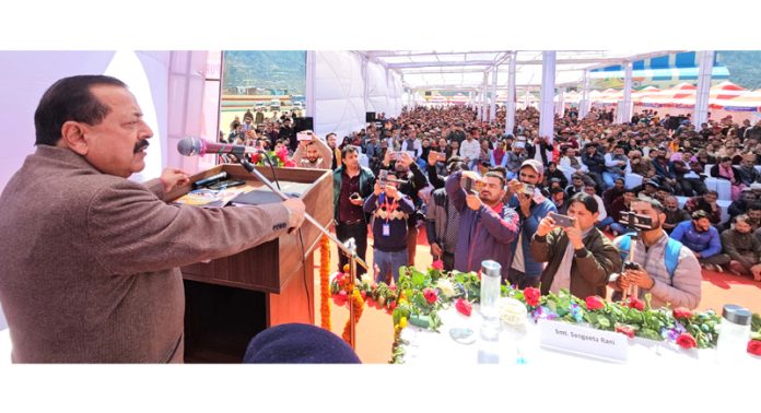 Union Minister Dr Jitendra Singh addressing a massive public rally at Doda on Saturday. —Excelsior/Tilak Raj