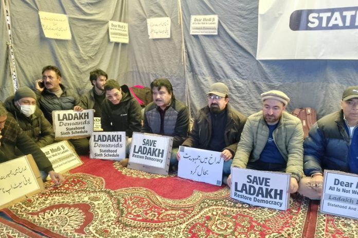 KDA leaders sitting on hunger strike in Kargil on Sunday. -Excelsior/Basharat Ladakhi