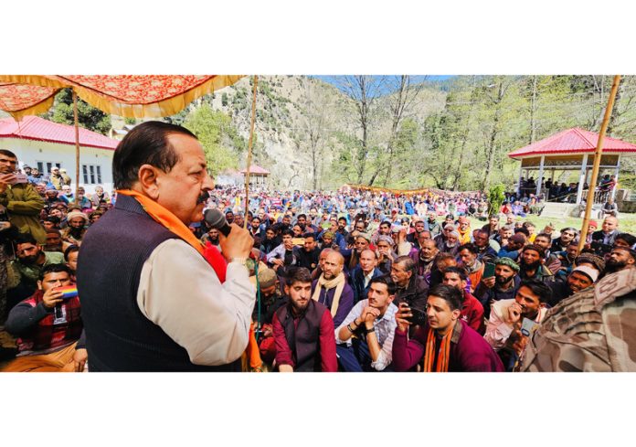 Union Minister Dr Jitendra Singh addressing massive public rally in remote hilly Mughal Maidan area of district Kishtwar. -Excelsior/Tilak Raj