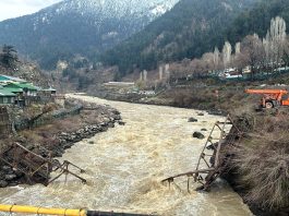 Spot along Jhelum in Uri where three workers were washed away on Sunday. -Excelsior/Aabid Nabi