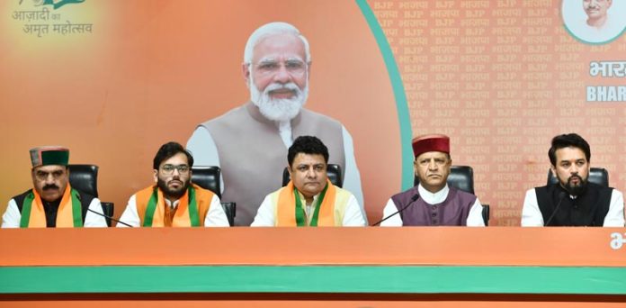 Six rebel MLAs of Himachal Pradesh join BJP in presence of HP BJP president Rajiv Bindal and Union Minister Anurag Thakur, in New Delhi on Saturday. (UNI)