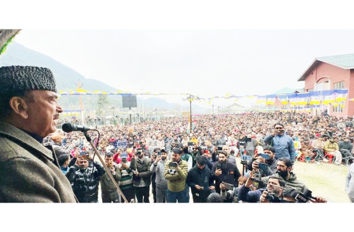 DPAP chief Ghulam Nabi Azad addressing a large public meeting at Kokernag on Sunday.