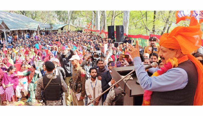 Union Minister Dr Jitendra Singh addressing a massive public rally at Ramban on Sunday. -Excelsior/Parvez