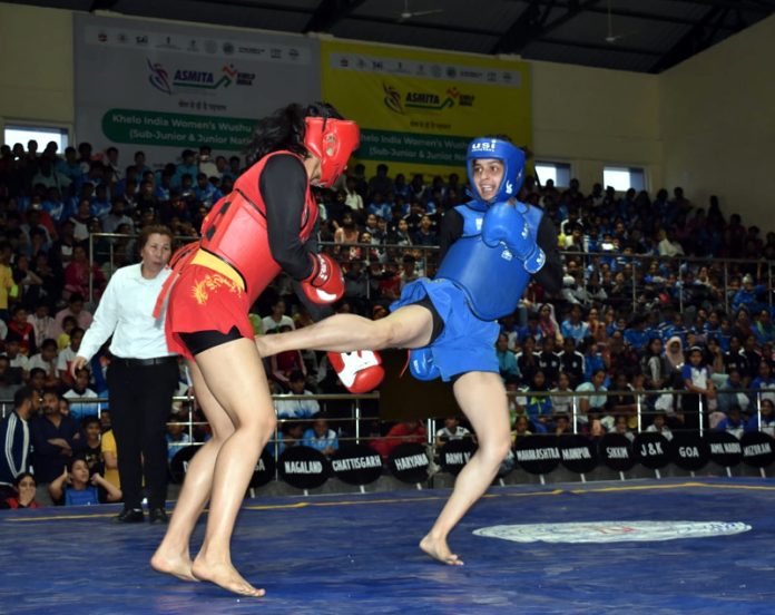 Wushu athletes in action on 3rd day of Khelo India Women's Sub Junior & Junior Wushu League at Jammu.