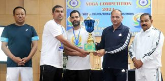 Winners of Yoga competition being awarded by the CRPF at Nagrota on Thursday.