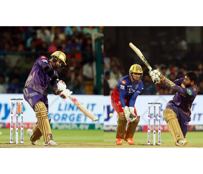 Sunil Narine (left) and Venkatesh Iyer (right) of KKR in action during a match against RCB on Friday.