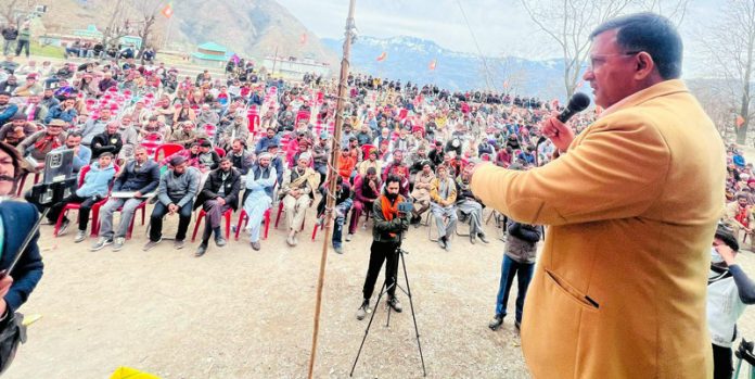 BJP general secretary and former MLC, Vibodh Gupta addressing a public rally at Budhal on Wednesday.