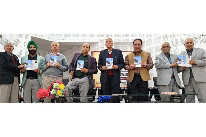 Academicians releasing Hasrat Gadda's new book Akkanandun at Writer’s Club Jammu on Monday.