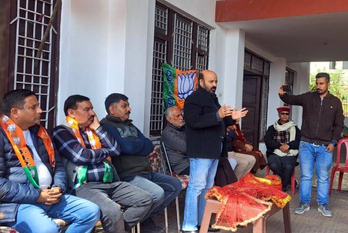 Former Minister and senior BJP leader Bali Bhagat addressing party meeting at Chinore on Sunday.