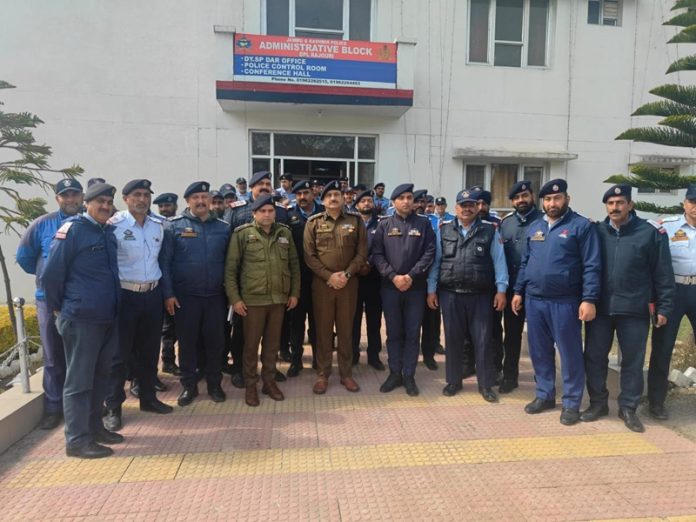 SSP Traffic Rural Jammu, Vinay Kumar Khular, along with other police officers/officials outside DPL Rajouri on Wednesday.