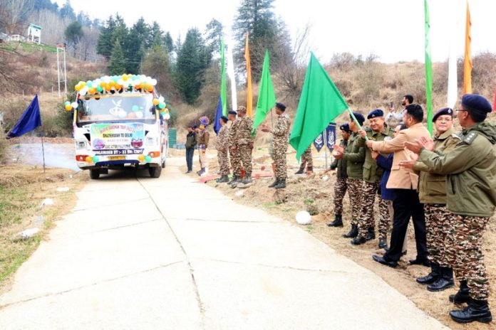 Harish Mehra, Second-in-Command 33 Bn CRPF flagging off Bharat Darshan Tour from Bhaderwah on Wednesday. —ExcelsiorTilak Raj