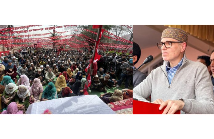 NC vice president, Omar Abdullah addressing party meeting in Budgam on Wednesday.