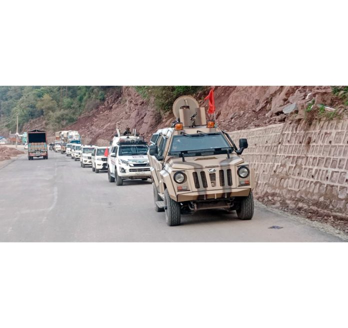 Security forces during patrolling in Rajouri on Saturday.