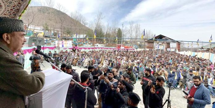 Former J&K Chief Minister Ghulam Nabi Azad addressing a public rally in Dooru area of Anantnag on Tuesday.