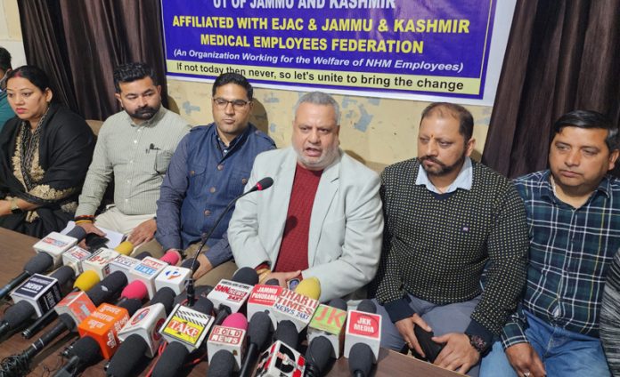 JKMEF president Sushil Sudan and JKNHMEA leaders during a joint press conference at Press Club, Jammu. — Excelsior/Rakesh