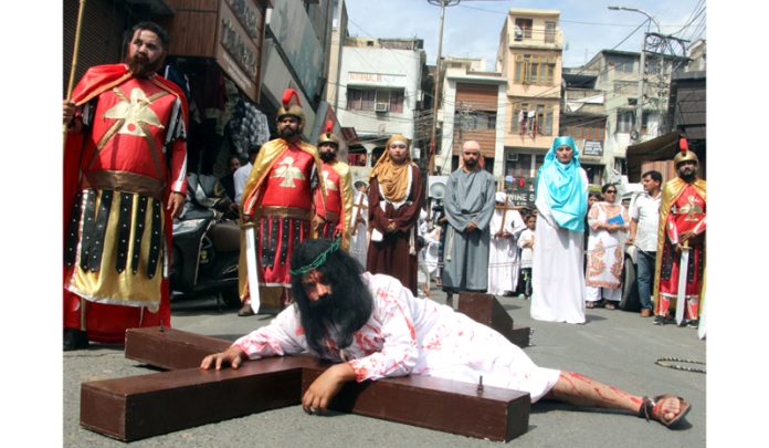 An impressive procession being taken out on the occasion of Good Friday in Jammu on Friday.