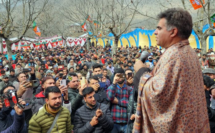 BJP president, Ravinder Raina addressing a public rally at Barah (Shangus) in South Kashmir's Anantnag district on Tuesday.