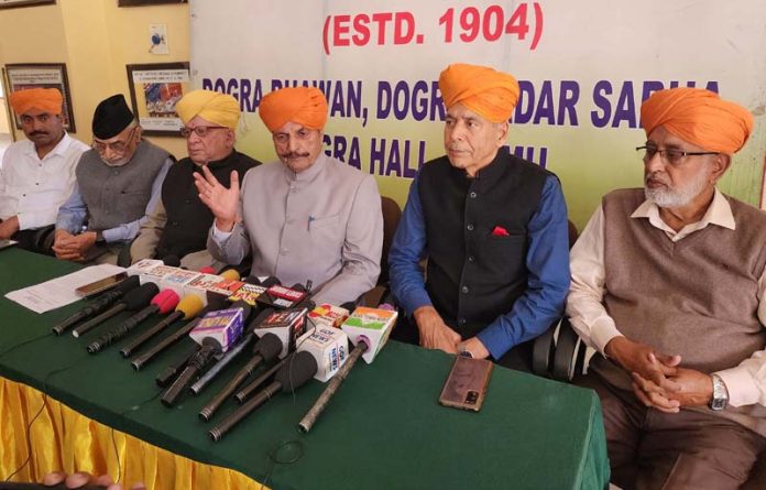 DSS president and former Minister Gulchain Singh Charak, and others during a press conference at Jammu. -Excelsior/Rakesh