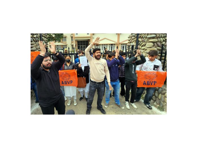 ABVP activists raising slogans during a protest demonstration at Jammu on Thursday.