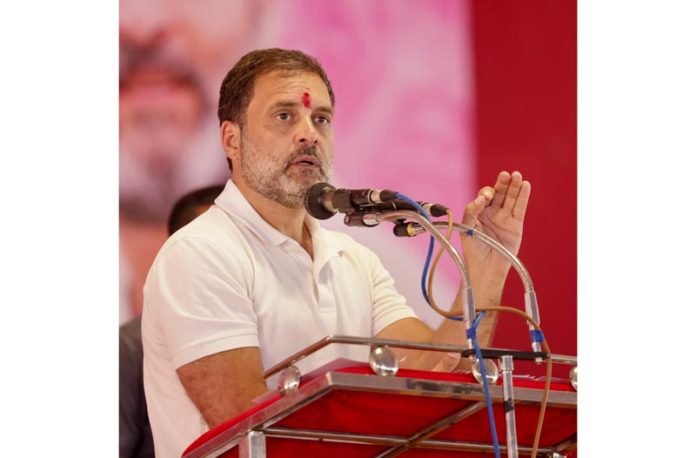 Congress leader Rahul Gandhi addressing a gathering during Bharat Jodo Nyay Yatra, in Dhule on Wednesday. (UNI)