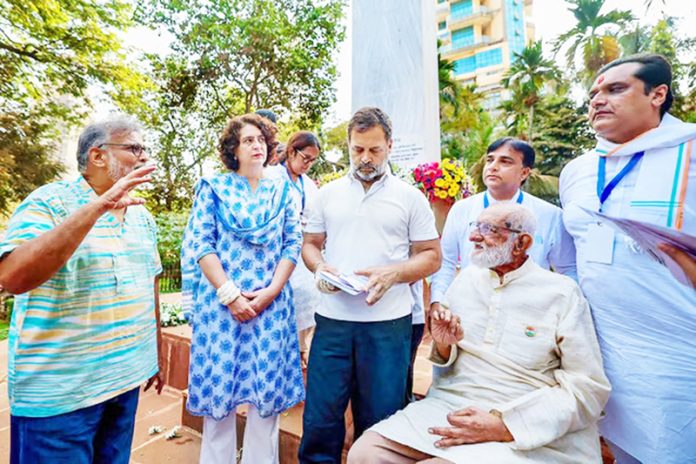 Congress leaders Rahul Gandhi and Priyanka Gandhi Vadra, and others at August Kranti Maidan after paying tribute to Mahatma Gandhi at Gandhi Smriti Stambh, in Mumbai.