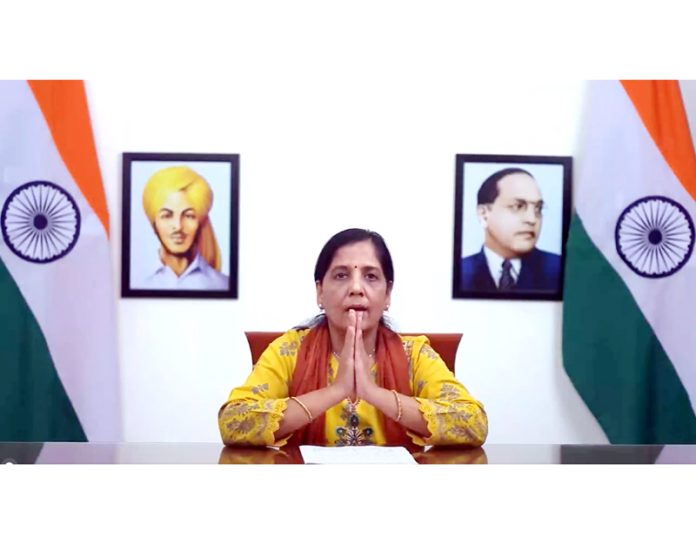 Sunita Kejriwal wife of Delhi Chief Minister Arvind Kejriwal holding a press conference via video conference, in New Delhi on Saturday. (UNI)