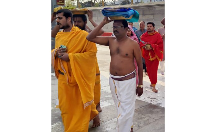 RC Subramanyam paying obeisance at Tirupati Balaji Temple in Jammu on Friday.