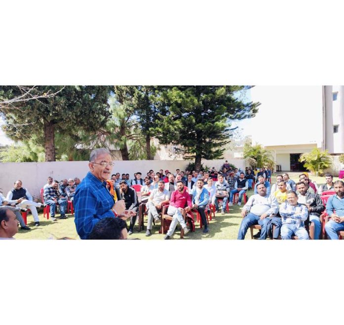 Senior BJP leader Kavinder Gupta addressing a Booth Management Meeting in Reasi on Friday.