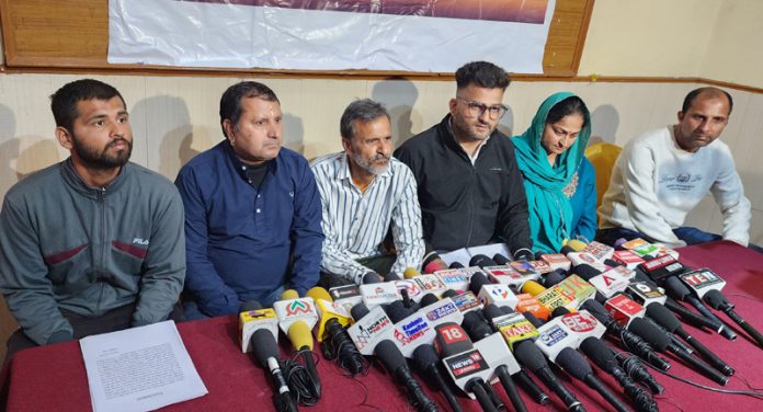 Family members of missing Navy soldier Sahil Verma addressing a press conference at Jammu. — Excelsior/Rakesh