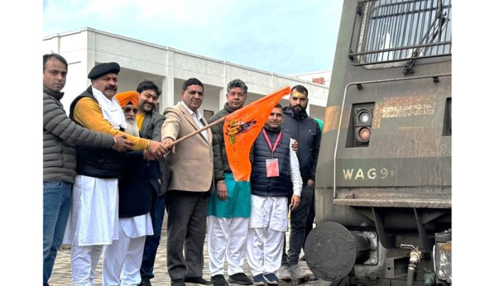 BJP leaders flagging off Aastha train at Jammu Railway Station on Friday.