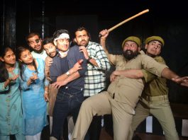A scene from play 'Girgit' staged in Jammu on Friday.