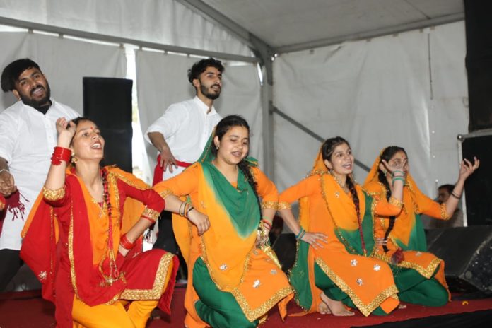 Artists performing a folk dance during cultural festival at Udhampur.