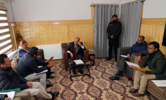 LG Ladakh, BD Mishra along with Executive Councillor, Tashi Namgyal Yakzee during a meeting on Thursday.