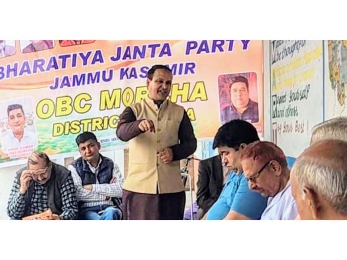 President BJP OBC Morcha J&K, Sunil Prajapati addressing a party programme at Bagial in Kathua on Sunday.