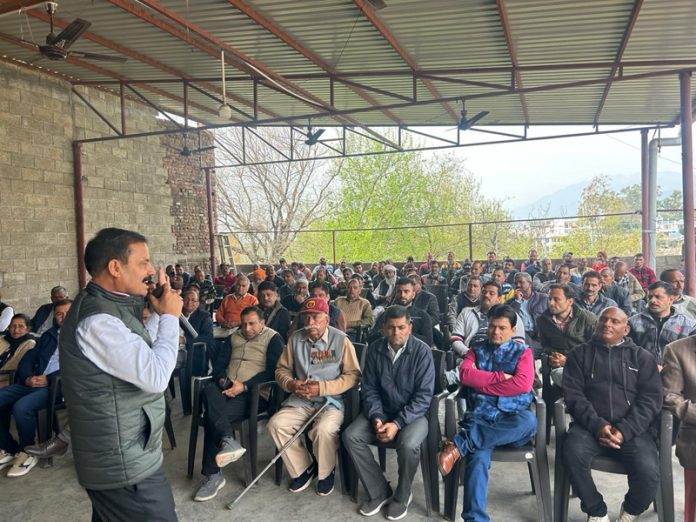 Balwant Singh Mankotia addressing public meeting at Udhampur on Tuesday.