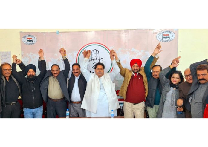 JKPCC working president Raman Bhalla with other leaders during meeting in Jammu.