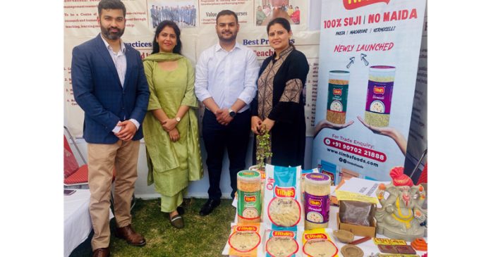 Sudhanshu Mahajan, founder of Timbs Foods along with Rajat Salgotra, founder of Eco Samast with their products in Jammu on Tuesday.