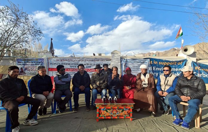 Sonam Wangchuk and LAB leaders at a press conference in Leh on Tuesday.