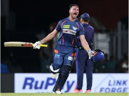 Marcus Stoinis celebrating his unbeaten 124 runs against CSK on Tuesday.