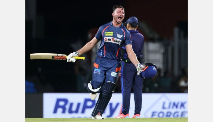 Marcus Stoinis celebrating his unbeaten 124 runs against CSK on Tuesday.