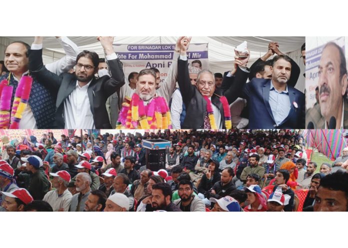 AP president Altaf Bukhari alongwith party leaders during a public rally at Srinagar on Friday.