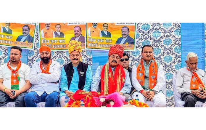 Union Minister, Dr Jitendra Singh and ex MLA, Balwant Singh Mankotia along BJP OBC Morcha leaders at a rally at Udhampur on Friday.