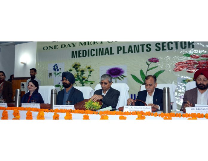Dignitaries during a meet on promotion strategies for Medicinal Plants in Bhaderwah on Monday. -Excelsior/Tilak Raj