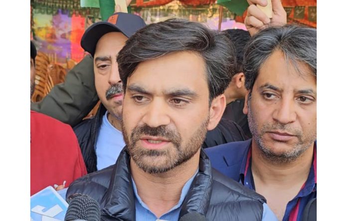 PDP leader Waheed-Ur-Rehman Parra speaking to media persons after a public meeting in Srinagar on Saturday. -Excelsior/Shakeel