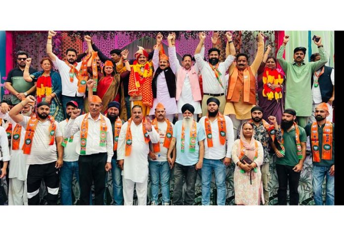 BJP leaders during a party rally in a Jammu village on Sunday.