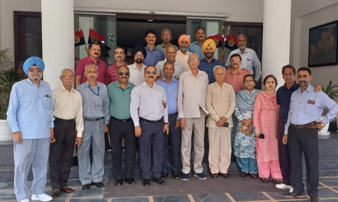 Retired police officers during their monthly meeting in Jammu on Wednesday.